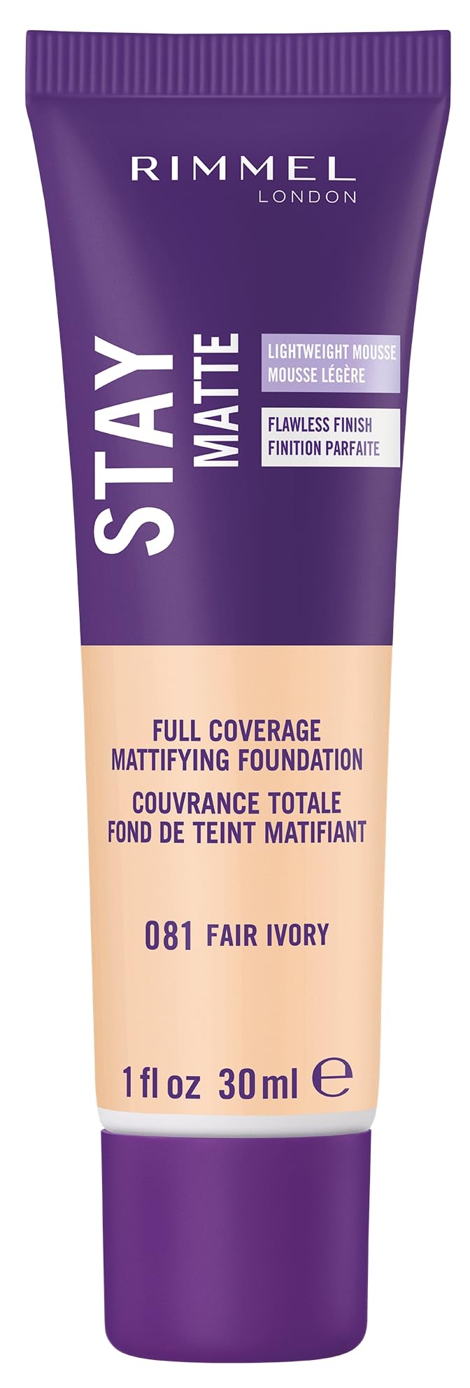 Rimmel Stay Matte bottle in 081 Fair Ivory, oil-free foundation for shine control