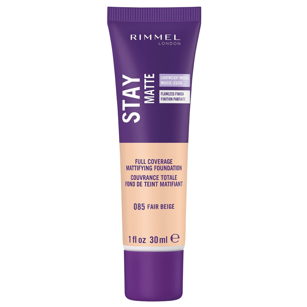 Rimmel Stay Matte Liquid Mousse 085 Fair Beige bottle demonstrates oil-free, shine-control performance.