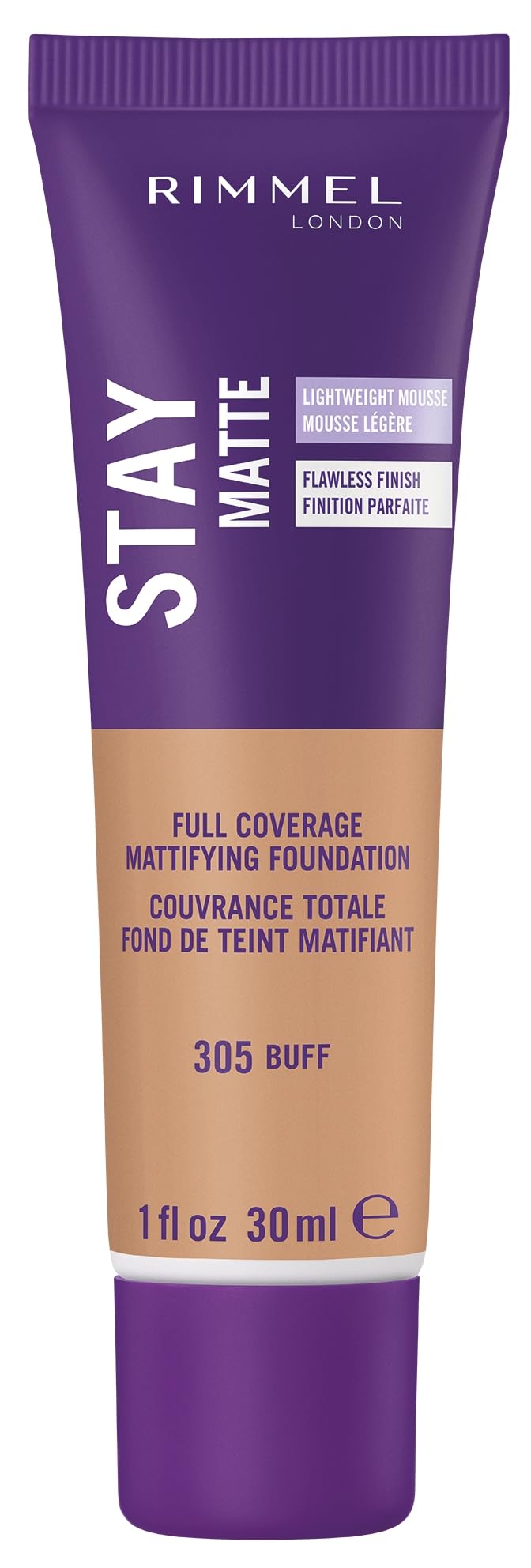 Rimmel Stay Matte Liquid Mousse 305 Buff bottle offers oil-free shine control all day.