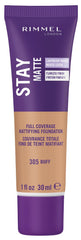 Rimmel Stay Matte Liquid Mousse 305 Buff bottle offers oil-free shine control all day.