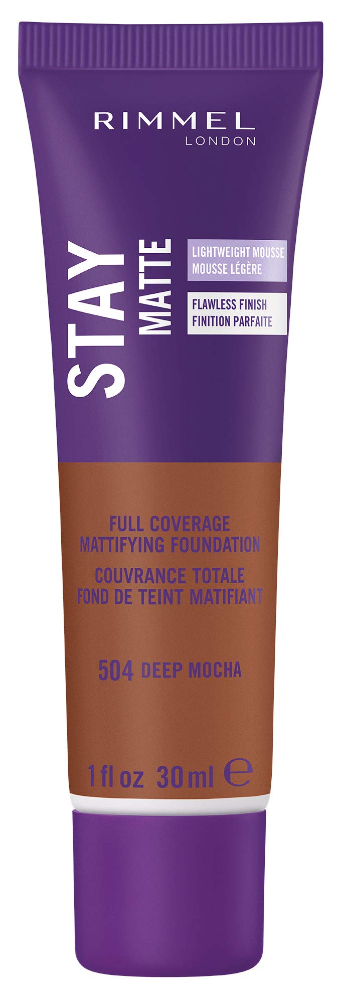 Rimmel Stay Matte Liquid Mousse bottle close-up in Deep Mocha, oil-free coverage for shine control.