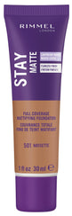 Rimmel Stay Matte Liquid Mousse Noisette bottle showing oil-free matte finish for oily skin