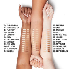 Rimmel Stay Matte Liquid Mousse Noisette swatch on skin reveals smoothed, true matte finish