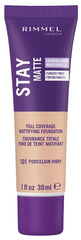 Rimmel Stay Matte Liquid Mousse Porcelain Ivory bottle with oil-free matte finish.
