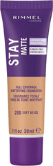Rimmel Stay Matte Liquid Mousse Soft Beige bottle showing oil-free shine control.