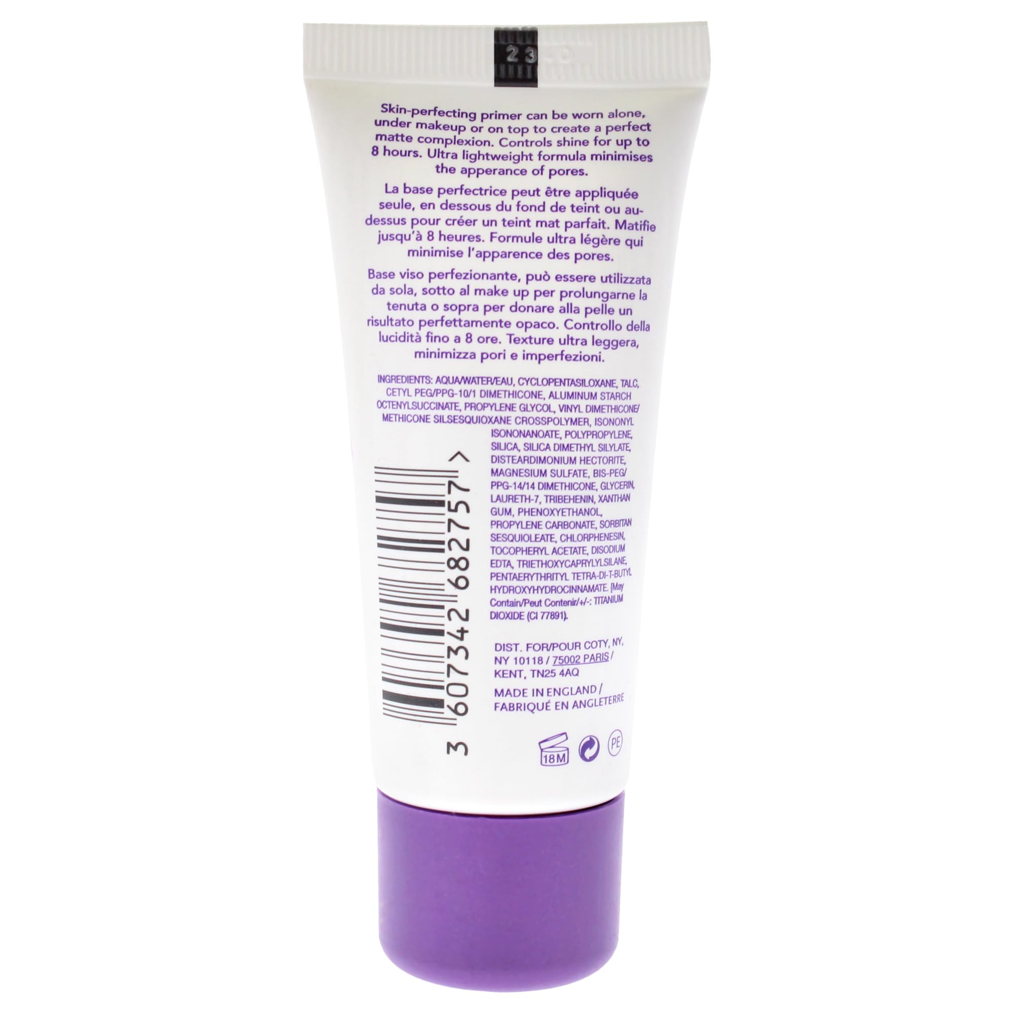 Rimmel Stay Matte Primer on a makeup desk showing a matte base for long wear