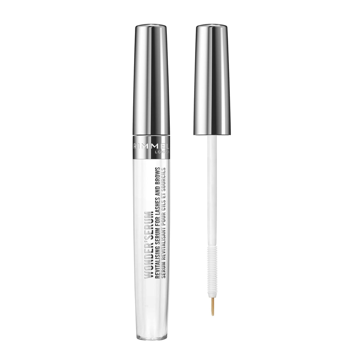 Rimmel Wonder’Serum bottle close-up highlighting conditioning for lashes and brows.
