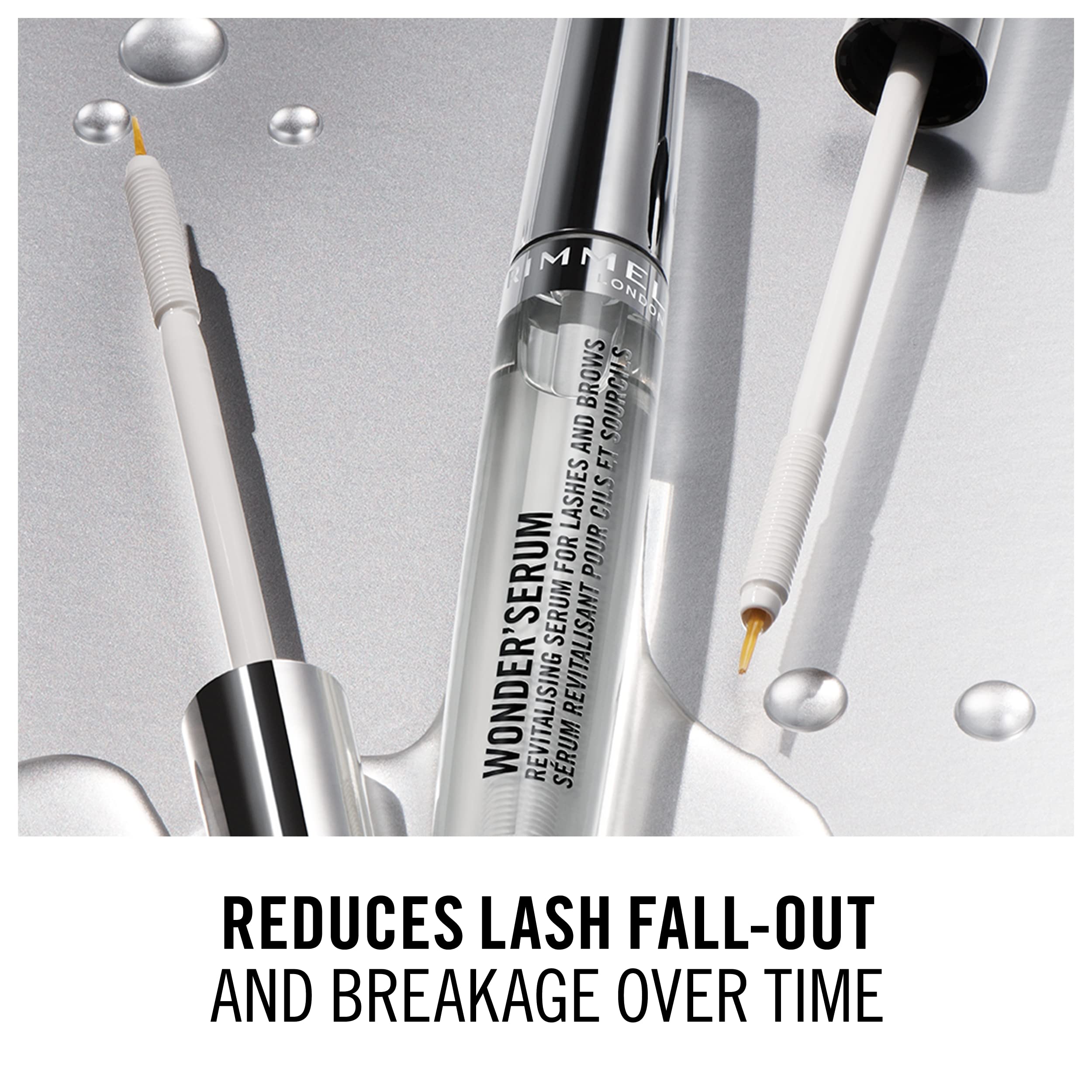 Rimmel Wonder’Serum texture shown as gentle, clear formula for sensitive eyes.