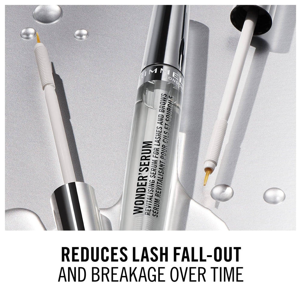 Rimmel Wonder’Serum texture shown as gentle, clear formula for sensitive eyes.