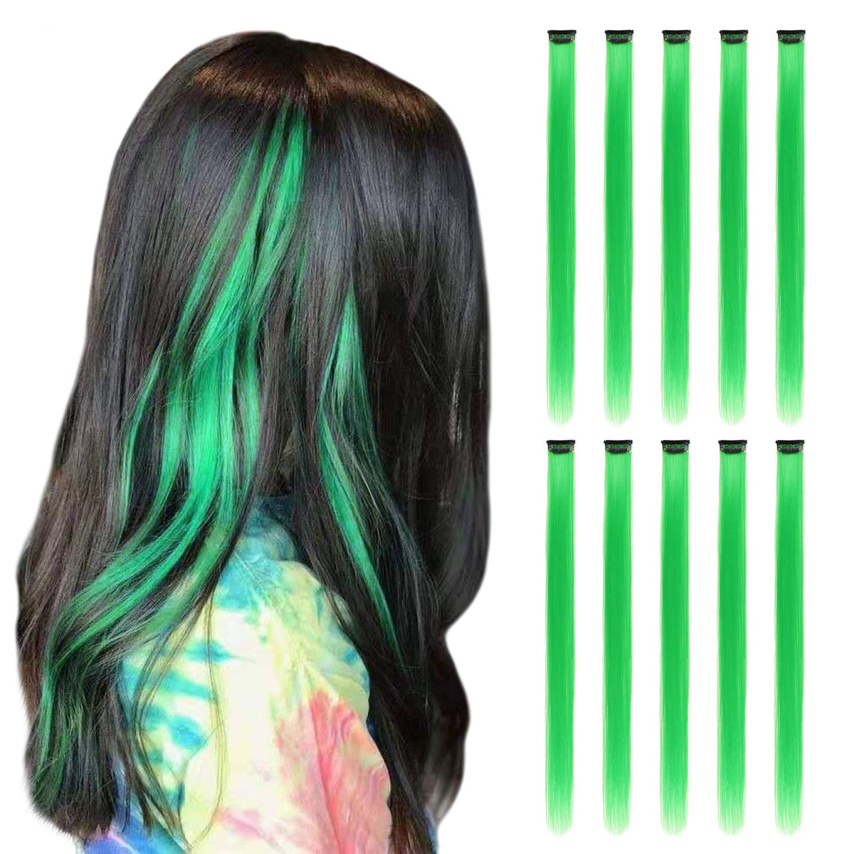 Rinbool green hair extensions clip-in 22inch 10pcs for easy, vibrant color without dye.