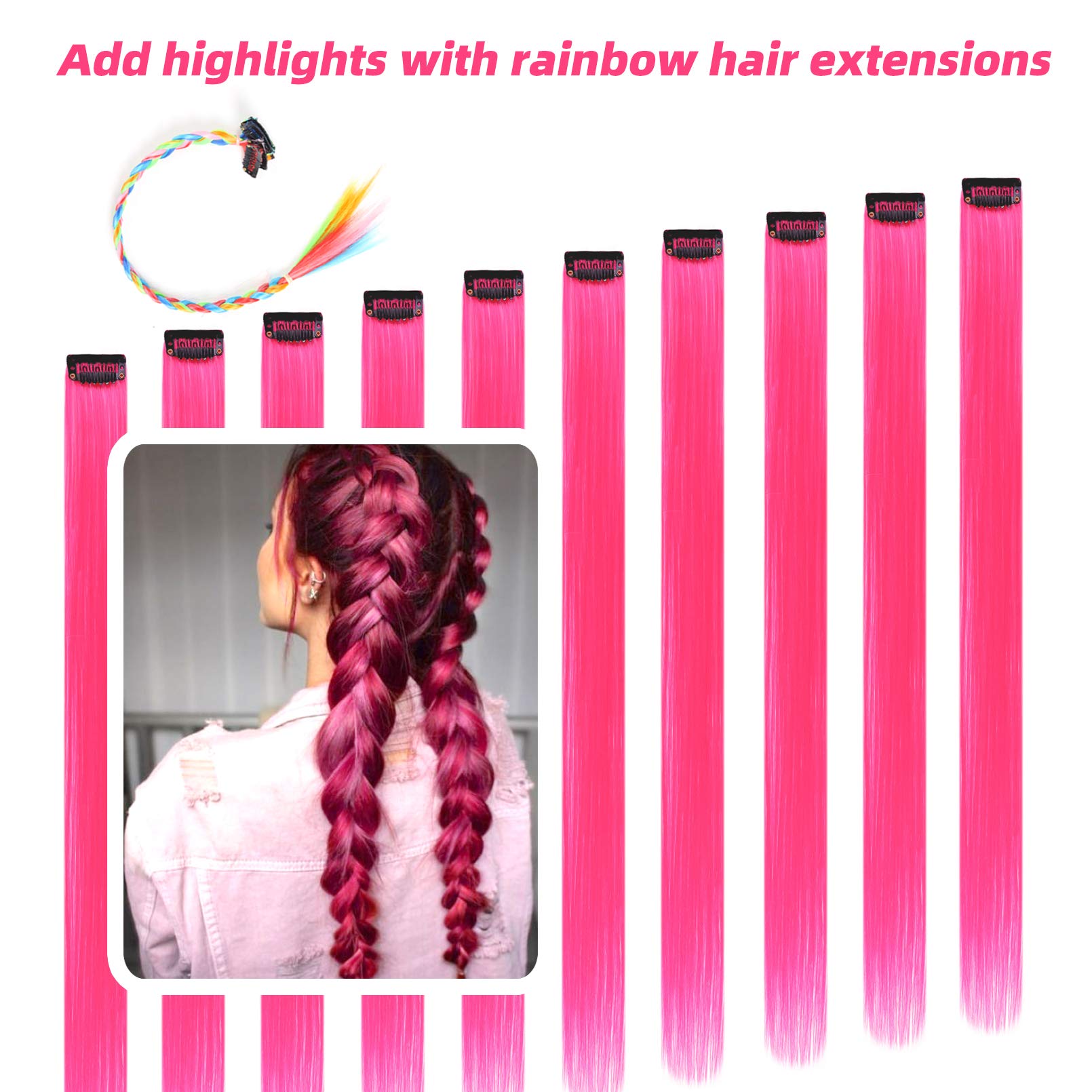 RINBOOOL pink hair extensions clip-in 22inch clip detail shows secure attachment