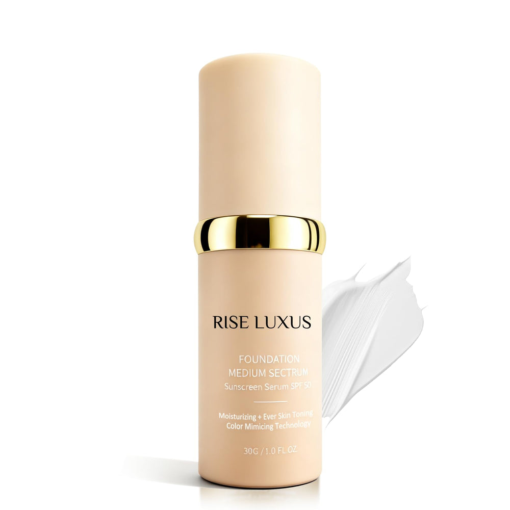 Rise Luxus Ultrablend bottle pump shows hydrating, natural coverage for daily wear.