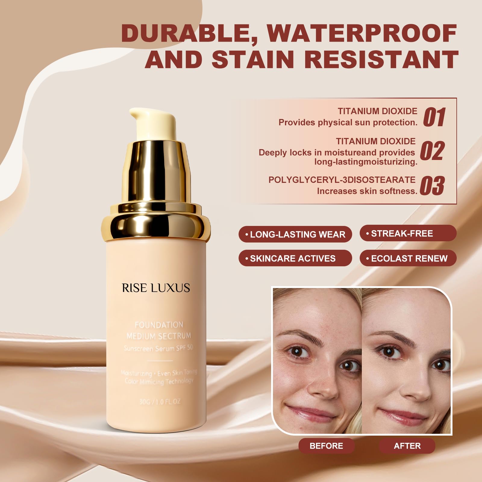 Rise Luxus Ultrablend glow finish highlights a hydrated, radiant complexion.