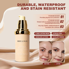 Rise Luxus Ultrablend glow finish highlights a hydrated, radiant complexion.