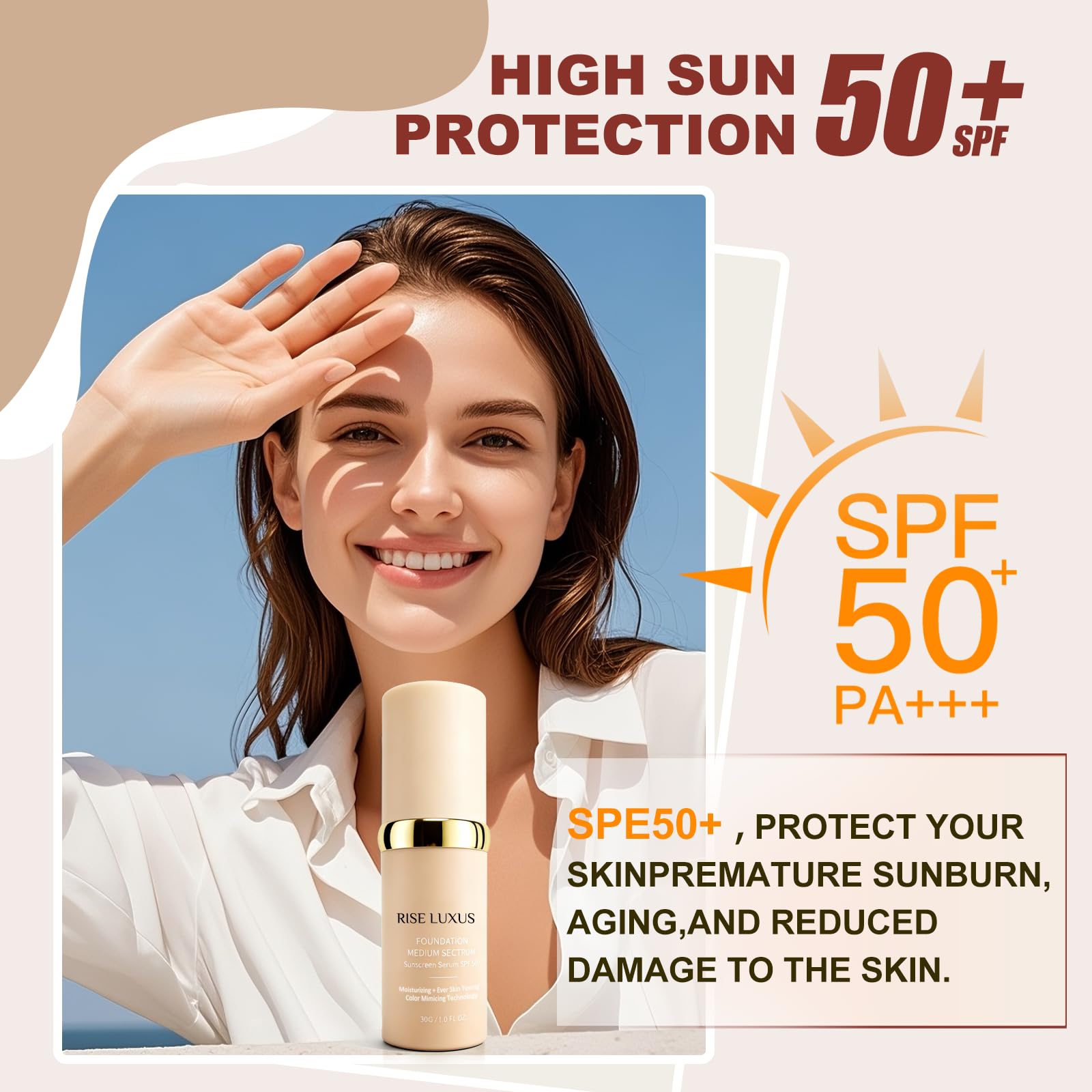 Rise Luxus Ultrablend SPF50 protection shows broad-spectrum defense for daily use.
