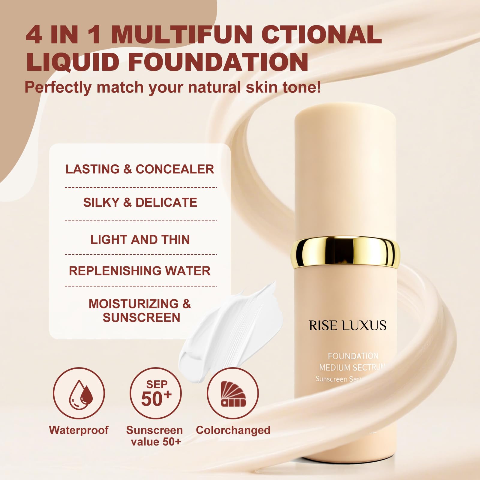 Rise Luxus Ultrablend foundation swatch reveals even tone and healthy glow.