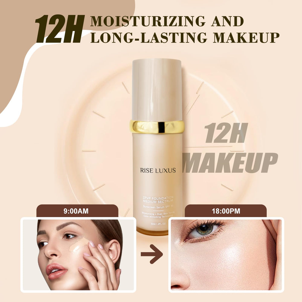 Rise Luxus Ultrablend lightweight texture delivers hydrated, natural finish.