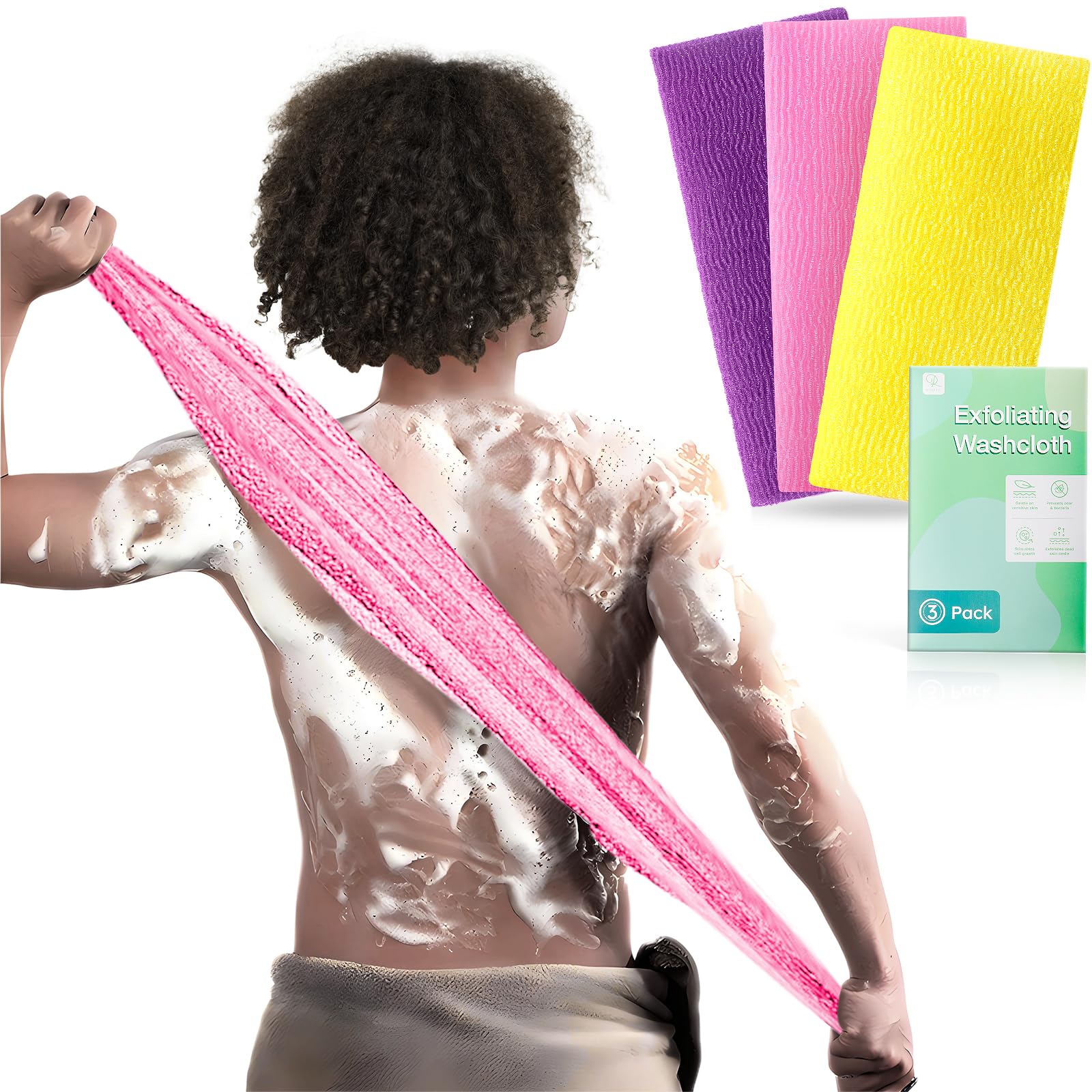 RIUOTA conjunto de toallas exfoliantes con red africana, vista frontal para mostrar el conjunto.
