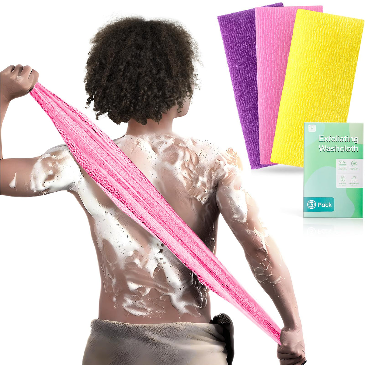 RIUOTA conjunto de toallas exfoliantes con red africana, vista frontal para mostrar el conjunto.