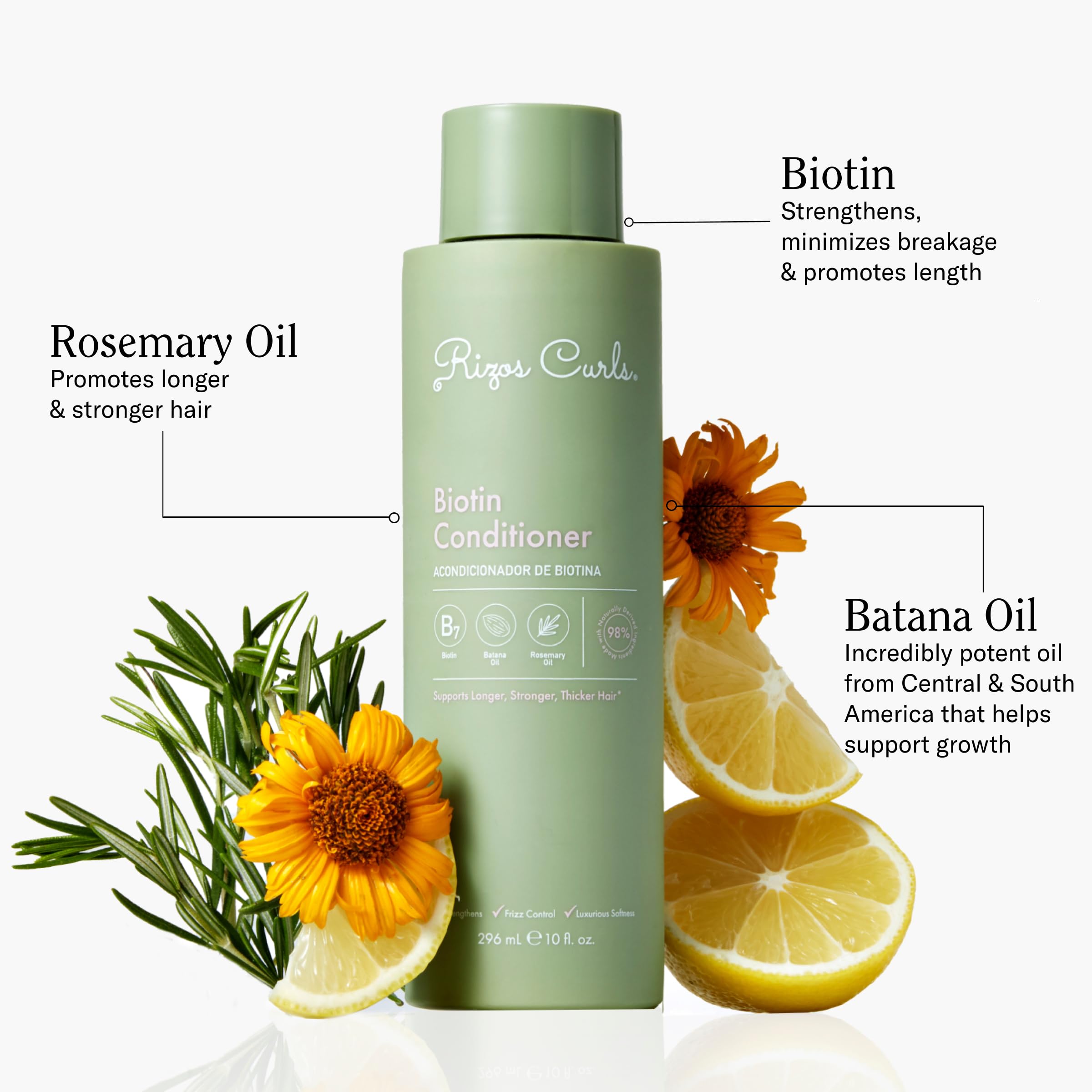 Rizos Curls Biotin Conditioner bottle dispensing in shower for easy use and shine