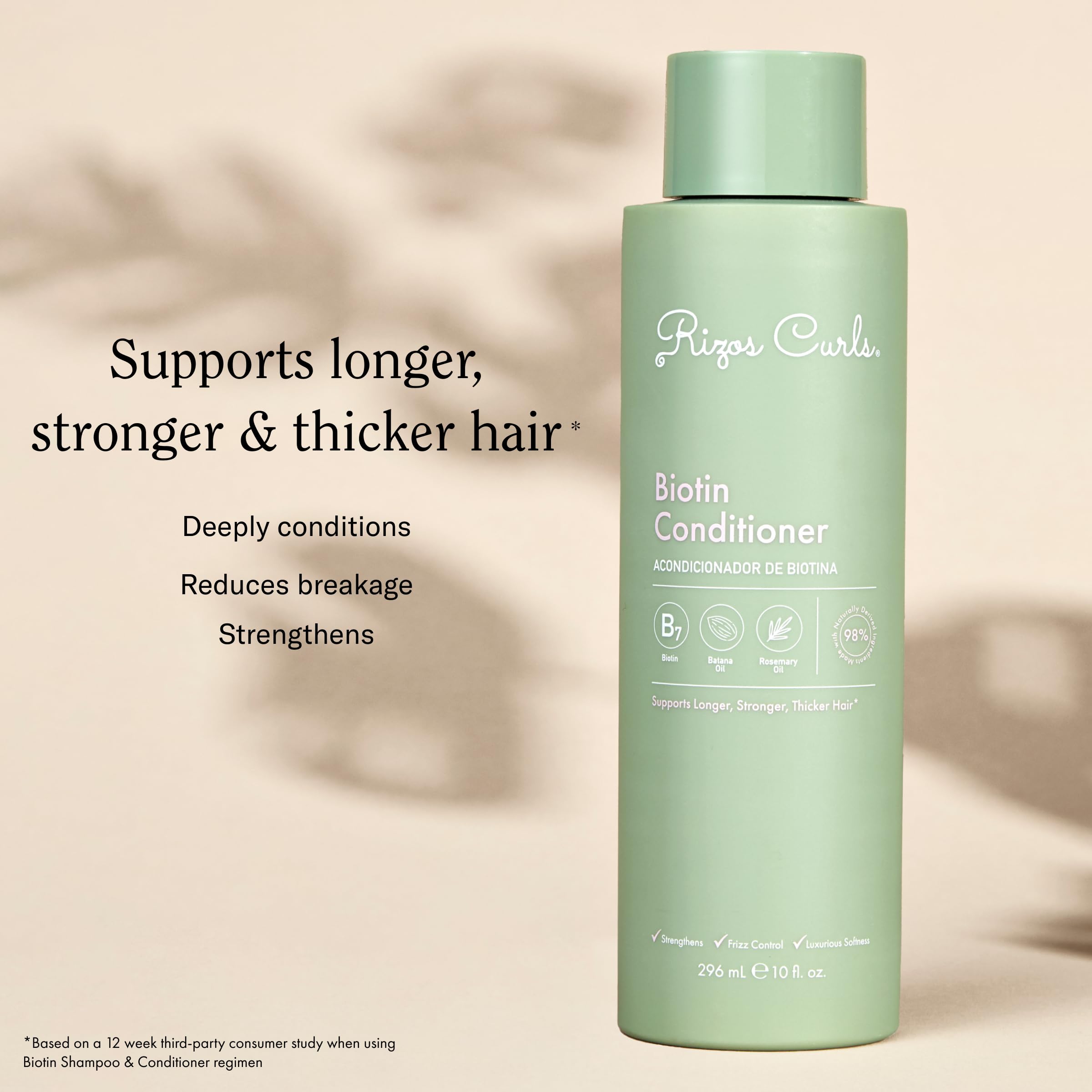 Rizos Curls Biotin Conditioner being applied to damp hair for softness
