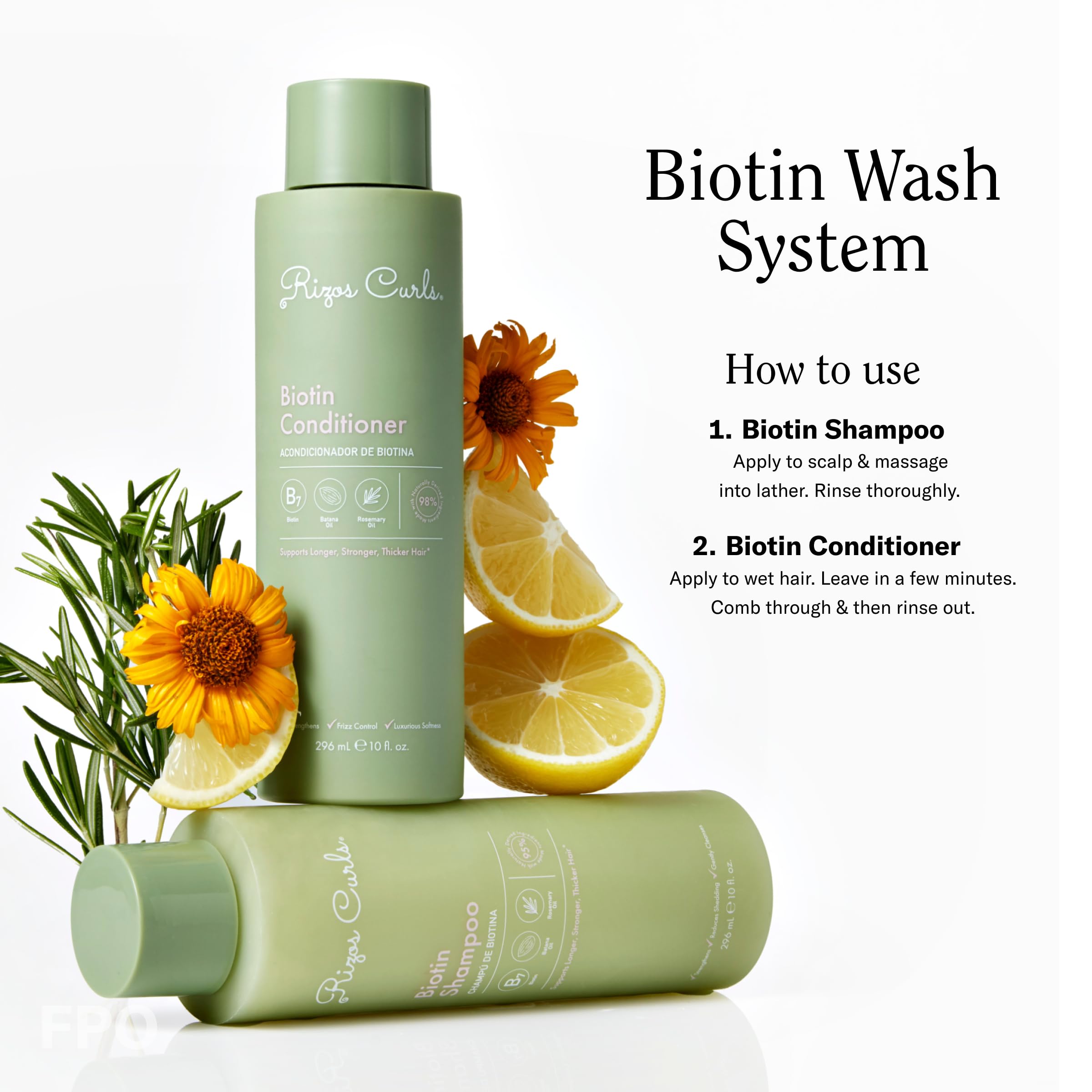 Rizos Curls Biotin Conditioner packaging on shelf for clean beauty