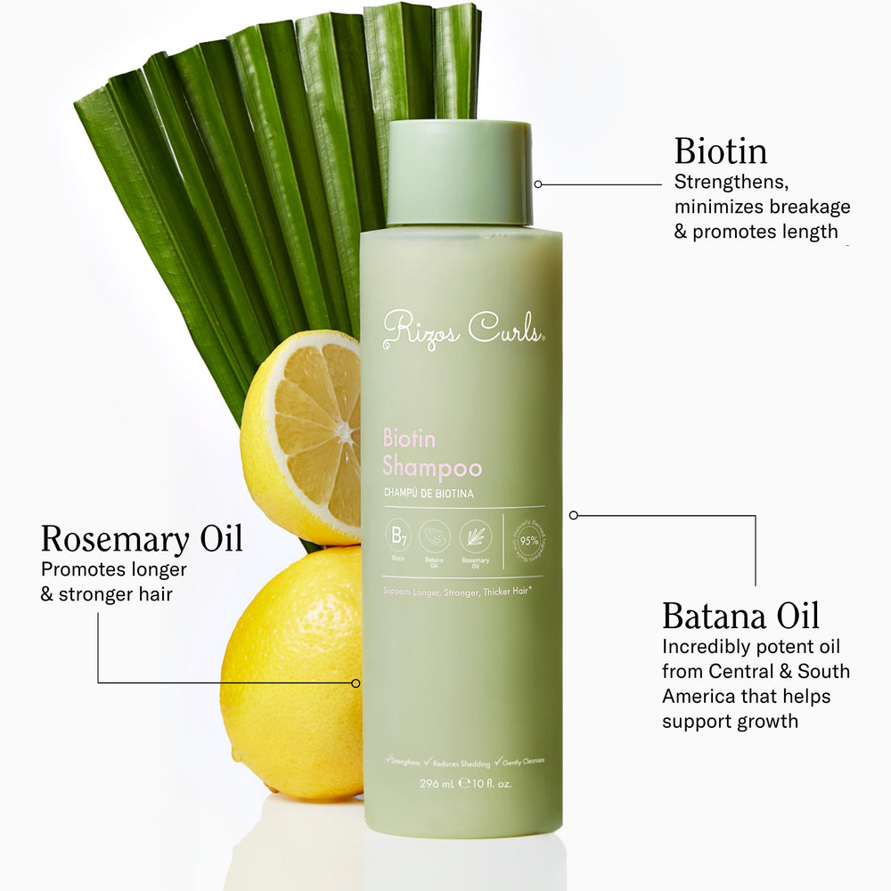 Etiqueta de Rizos Curls Biotina Shampoo, fórmula sin sulfatos para uso diario