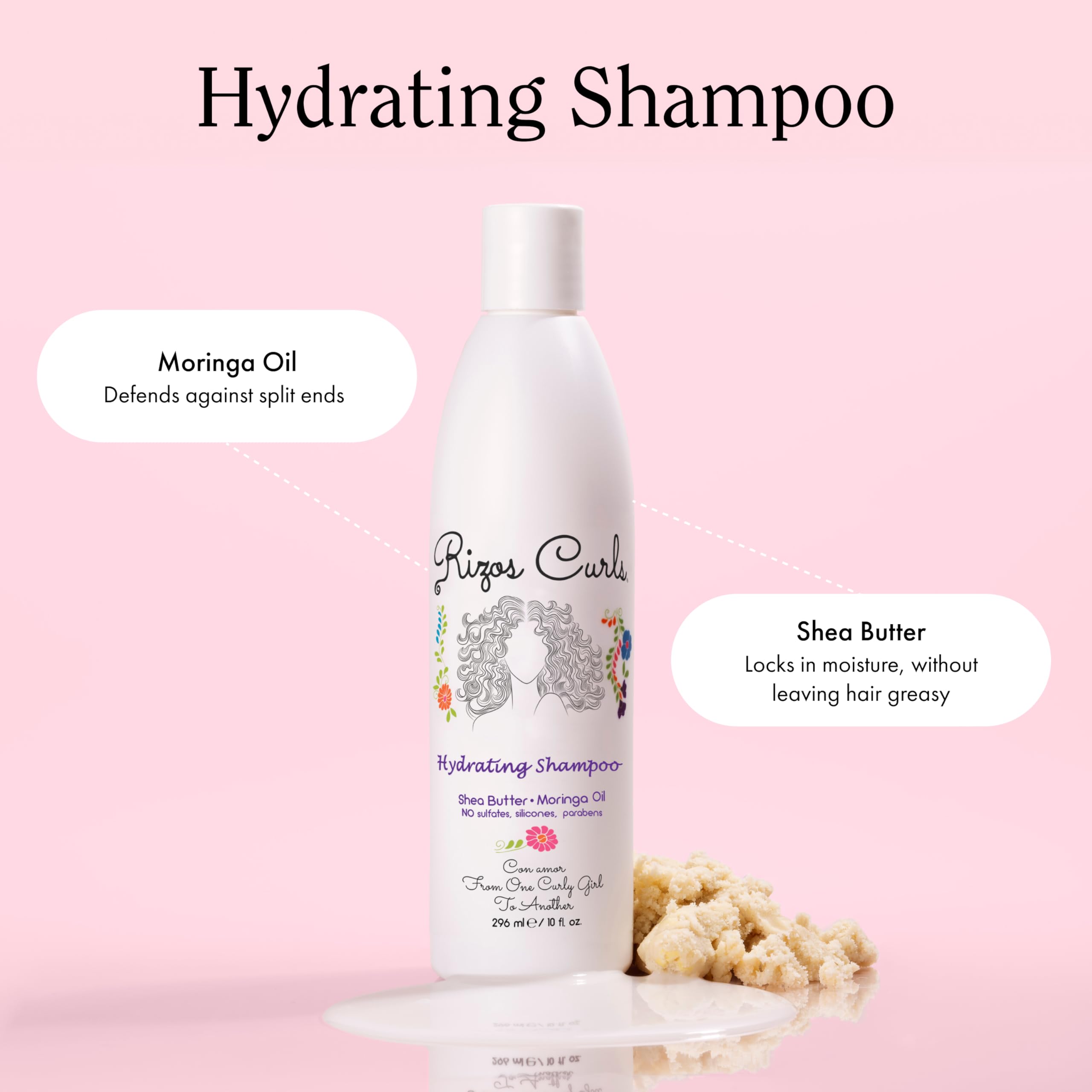 Rizos Curls hydrating conditioner bottle highlighting moisture and manageability.