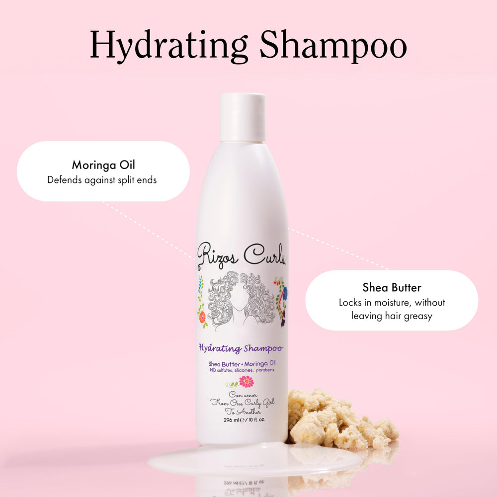 Rizos Curls hydrating conditioner bottle highlighting moisture and manageability.