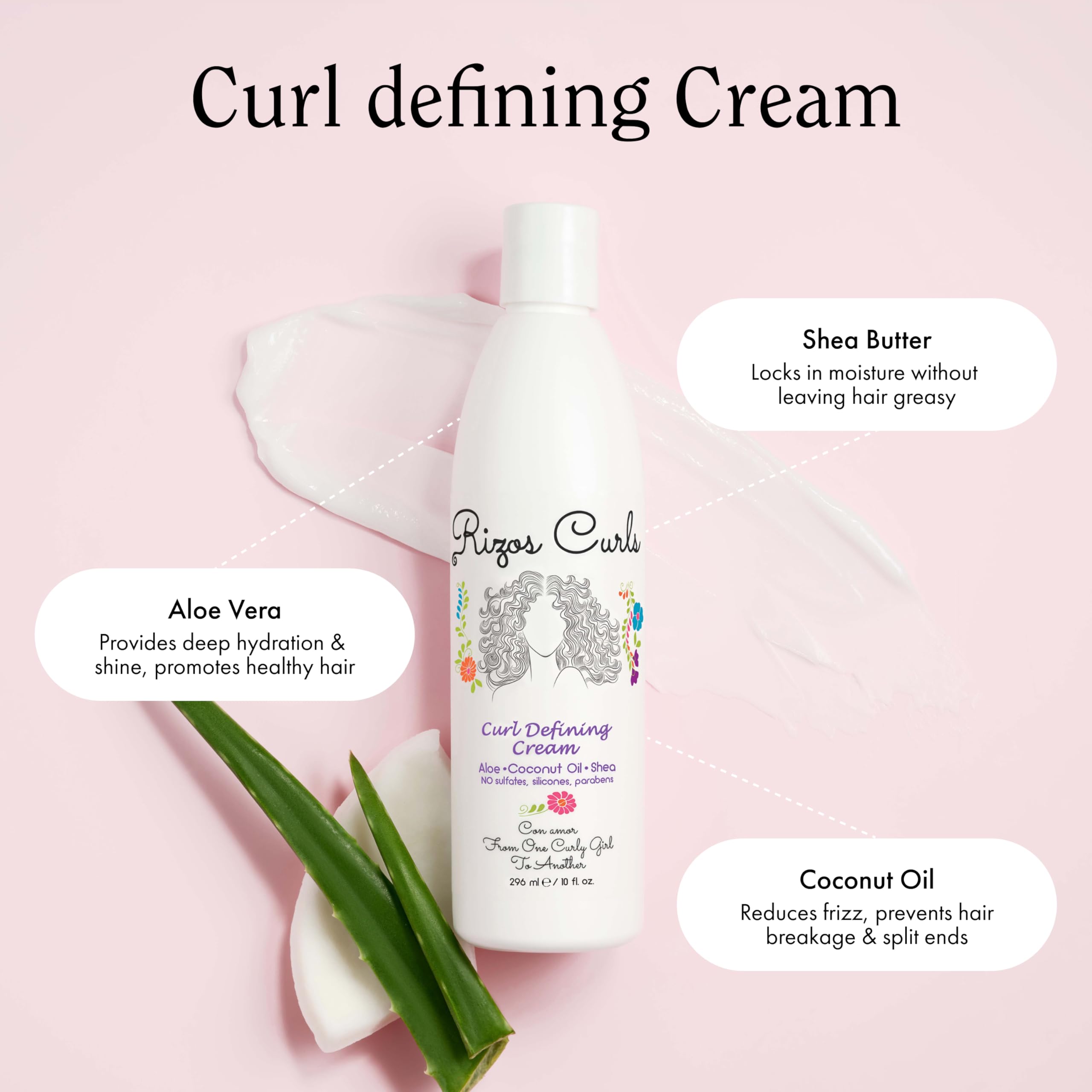 Rizos Curls ingredients shot with aloe vera, coconut oil, moringa and shea.