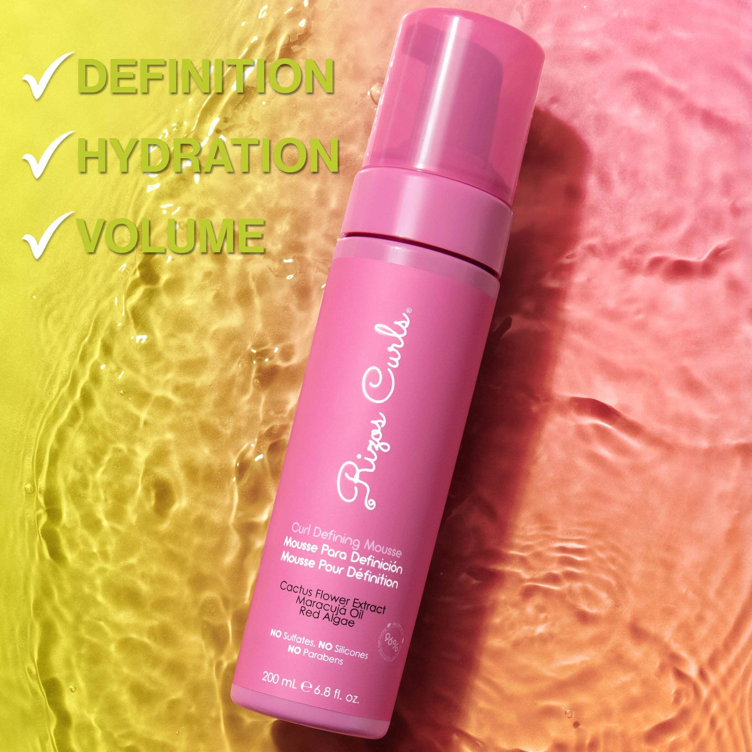 Rizos Curls mousse cares for color-treated hair with a gentle sulfate-free formula.
