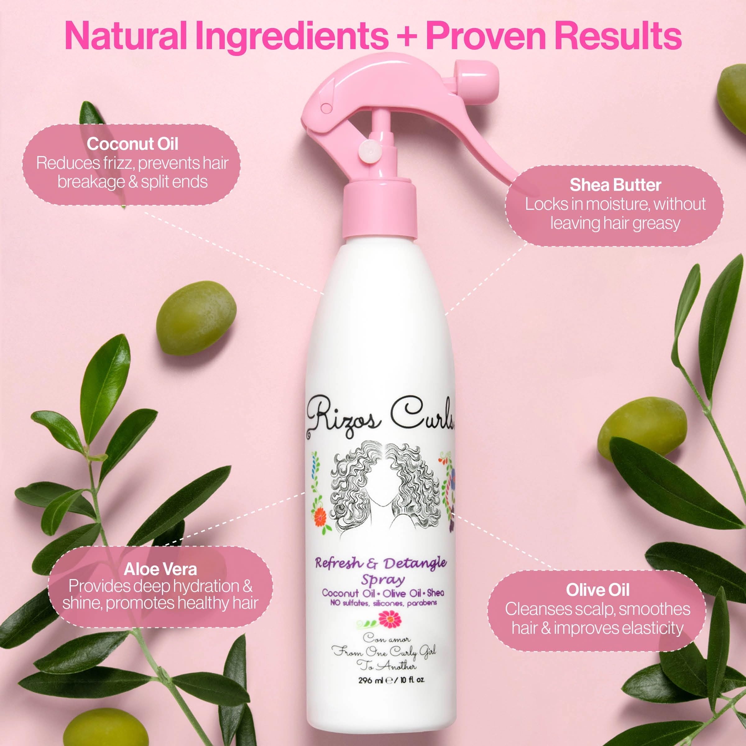 Rizos Curls detangle spray mist used to revive frizz-free curls.