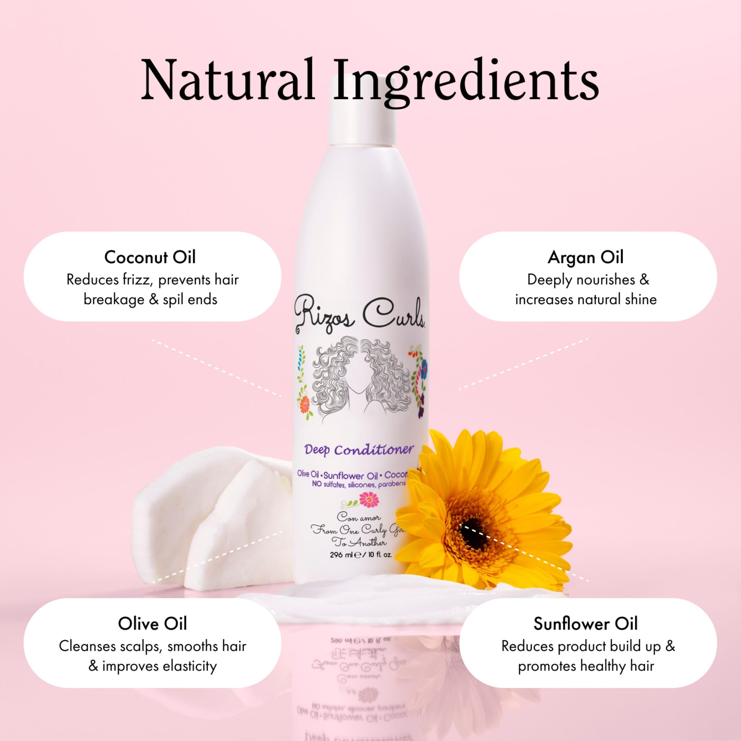 Rizos Curls ingredients image features olive oil, sunflower oil, and shea butter.