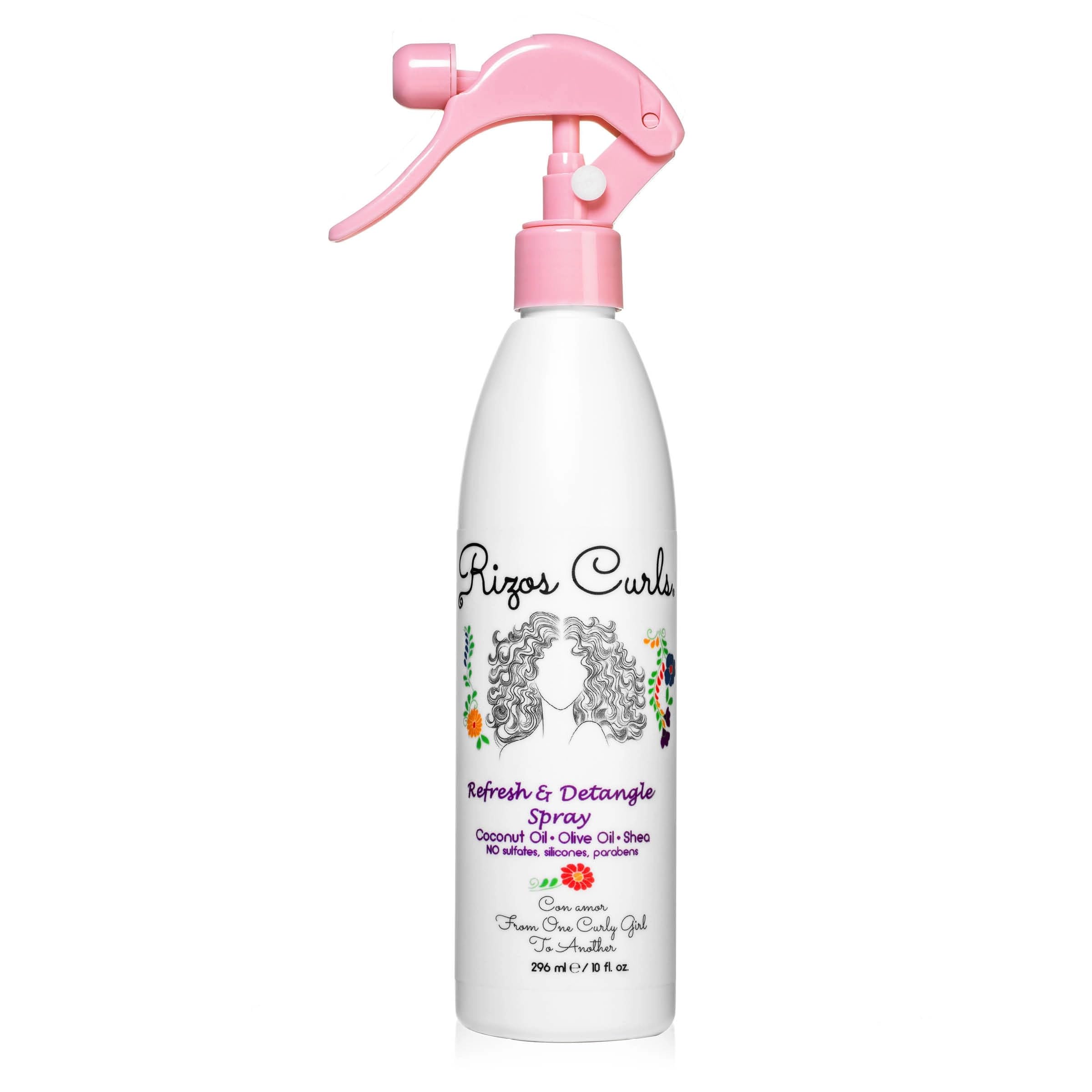 Rizos Curls Refresh and Detangle Spray bottle ready for detangling and curl refresh.
