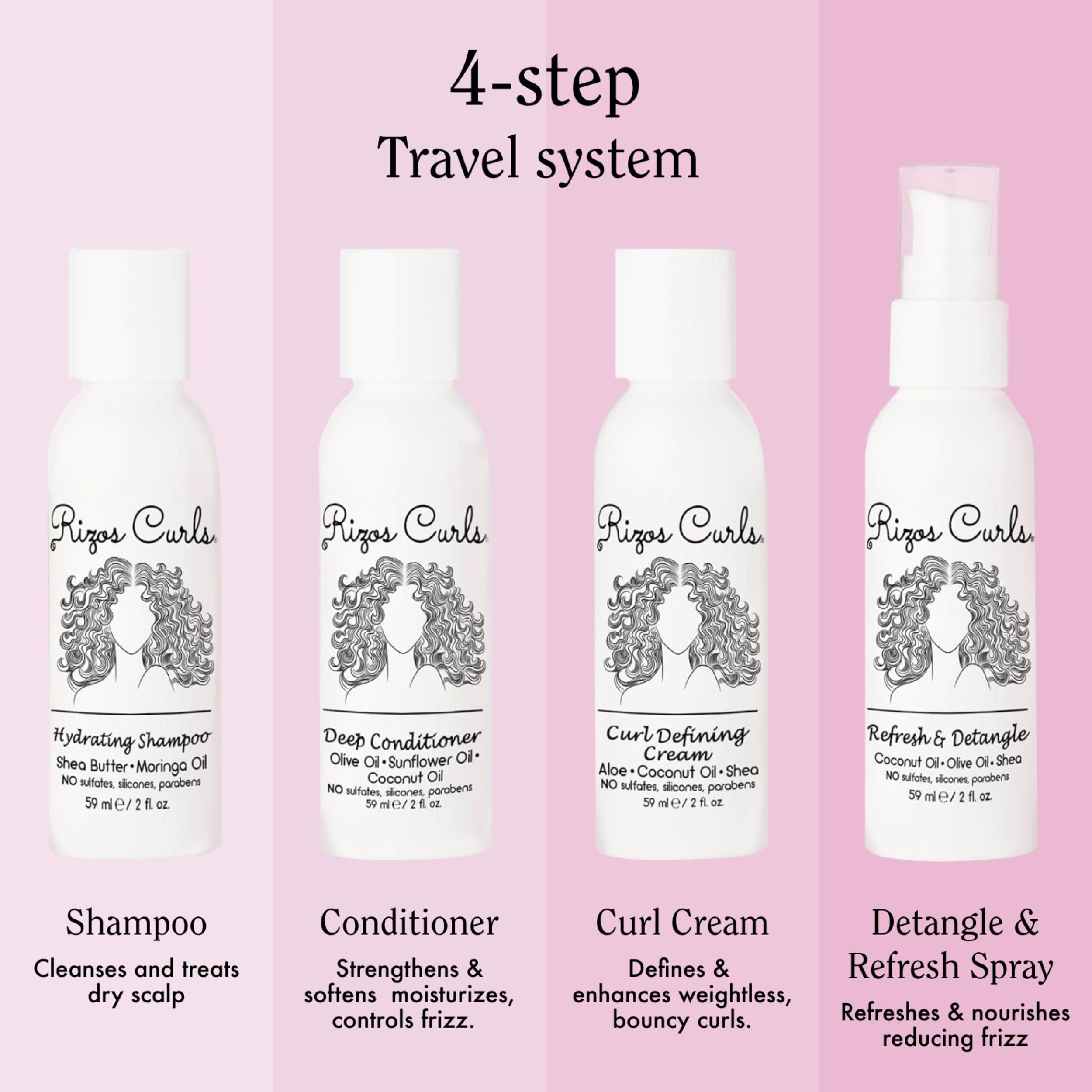 Rizos Curls Travel Kit Conditioner 2oz nourishes and softens for frizz-free curls.