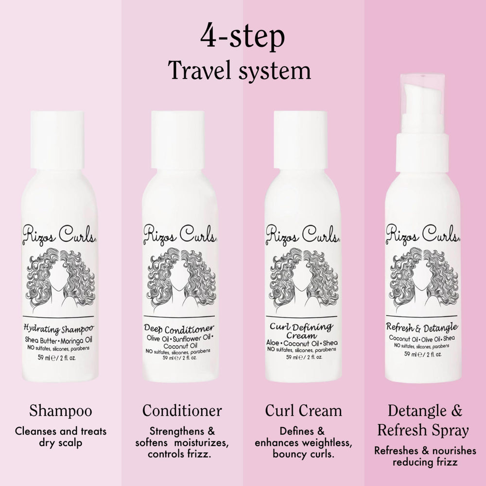 Rizos Curls Travel Kit Conditioner 2oz nourishes and softens for frizz-free curls.