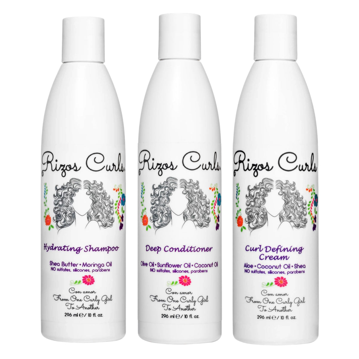 Rizos Curls shampoo bottle delivering gentle hydration for all curl types