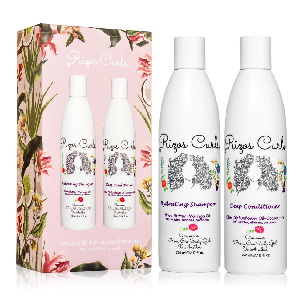 Rizos Curls Hydrating Shampoo bottle cleanses gently for all curl patterns.