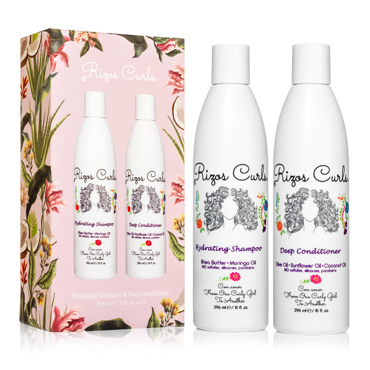 Rizos Curls Hydrating Shampoo bottle cleanses gently for all curl patterns.