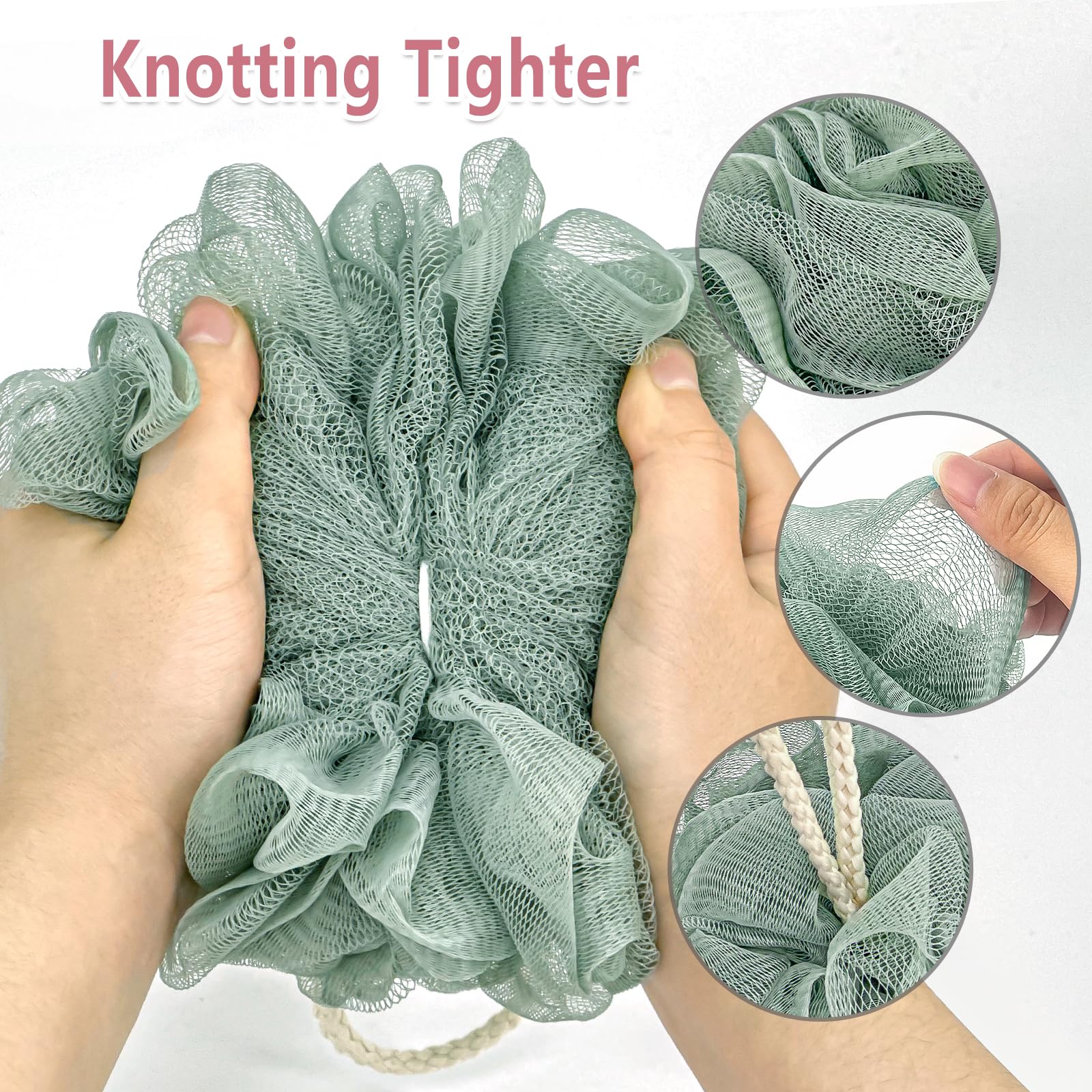RNOAFMU gray shower loofah ball—compact handle and efficient drying.