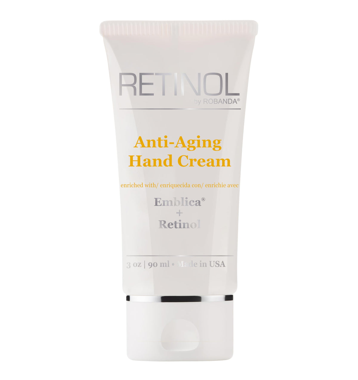 Robanda crema de manos con retinol, textura suave para piel más lisa.