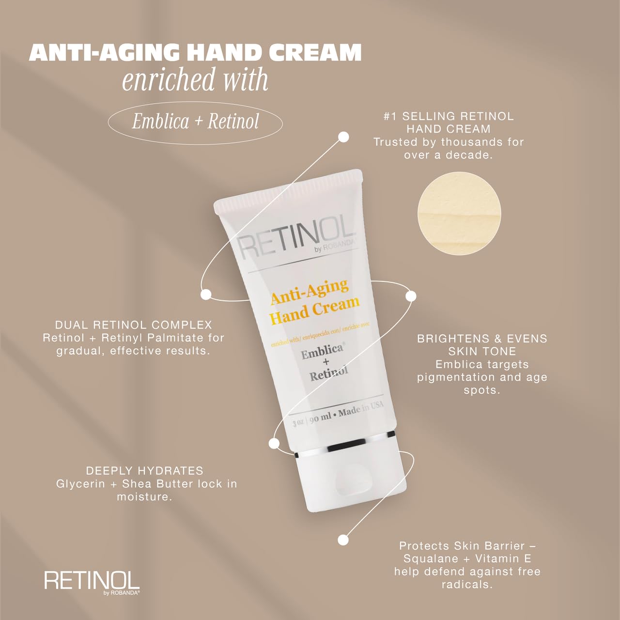 Robanda crema de manos retinol, cuidado diario sin grasa ni residuo.