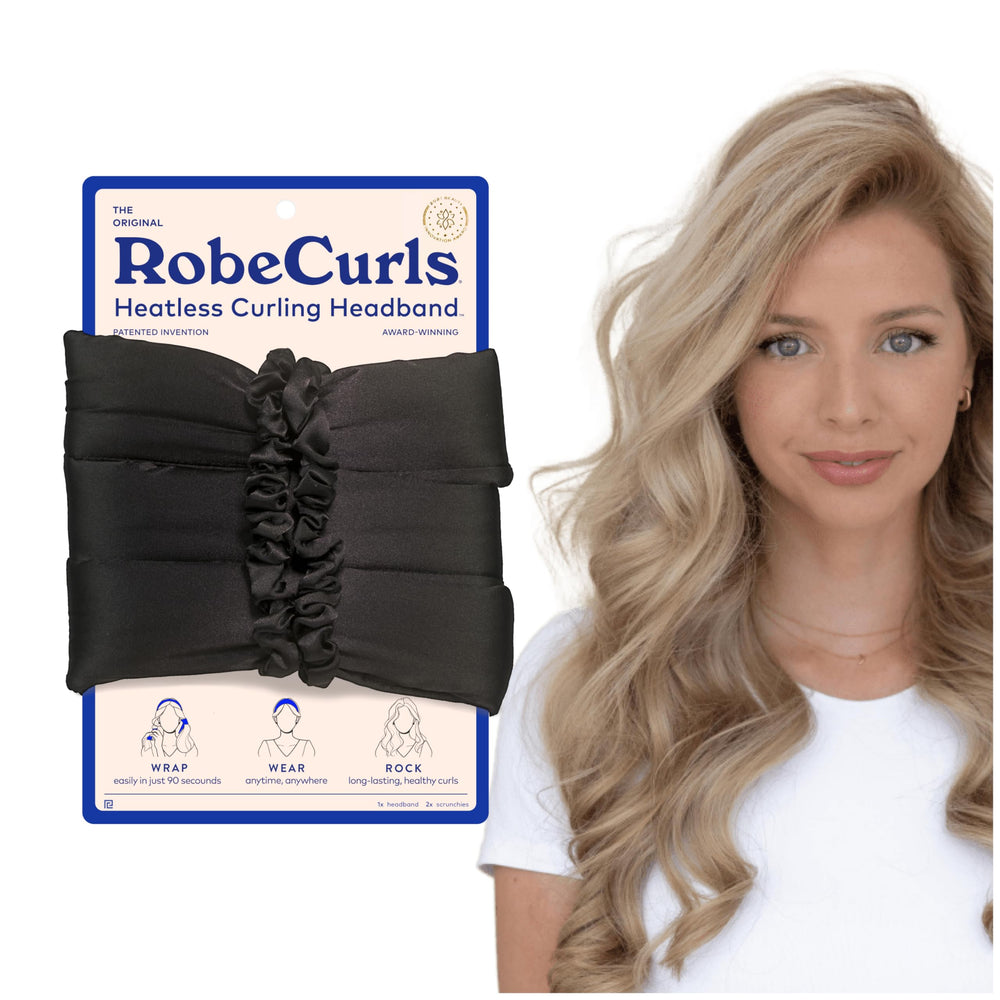 RobeCurls Original heatless curler headband worn overnight for reliable curls.
