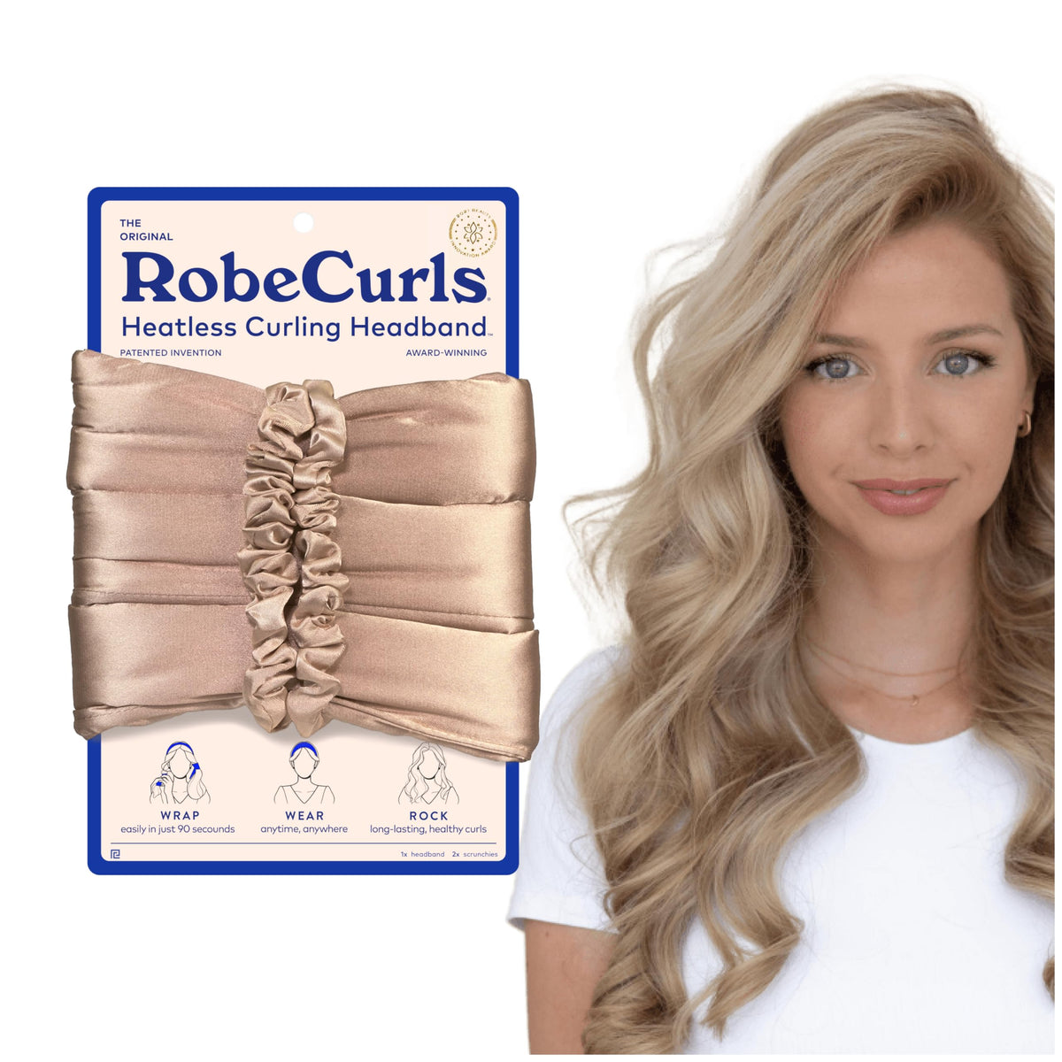 RobeCurls Original heatless curler set with secure overnight satin headband.