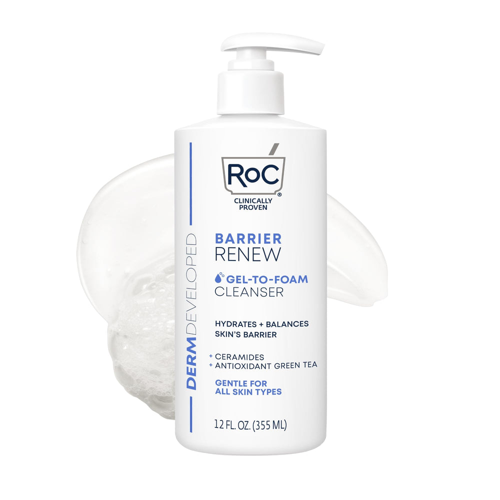 RoC Barrier Renew Gel-To-Foam cleanser bottle showing hydration-friendly formula.