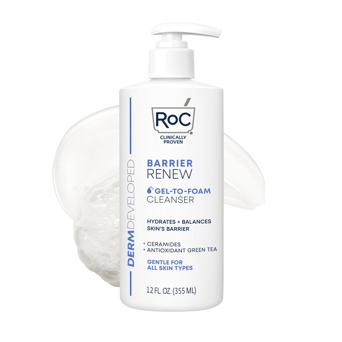RoC Barrier Renew Gel-To-Foam cleanser bottle showing hydration-friendly formula.