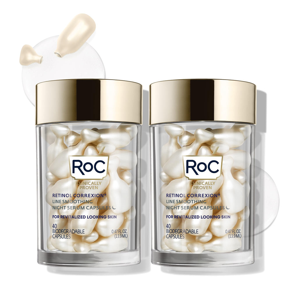 RoC Retinol Correxion night serum packaging shows 80 capsules for a convenient nightly routine.