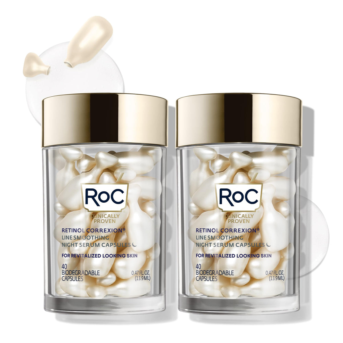 RoC Retinol Correxion night serum packaging shows 80 capsules for a convenient nightly routine.