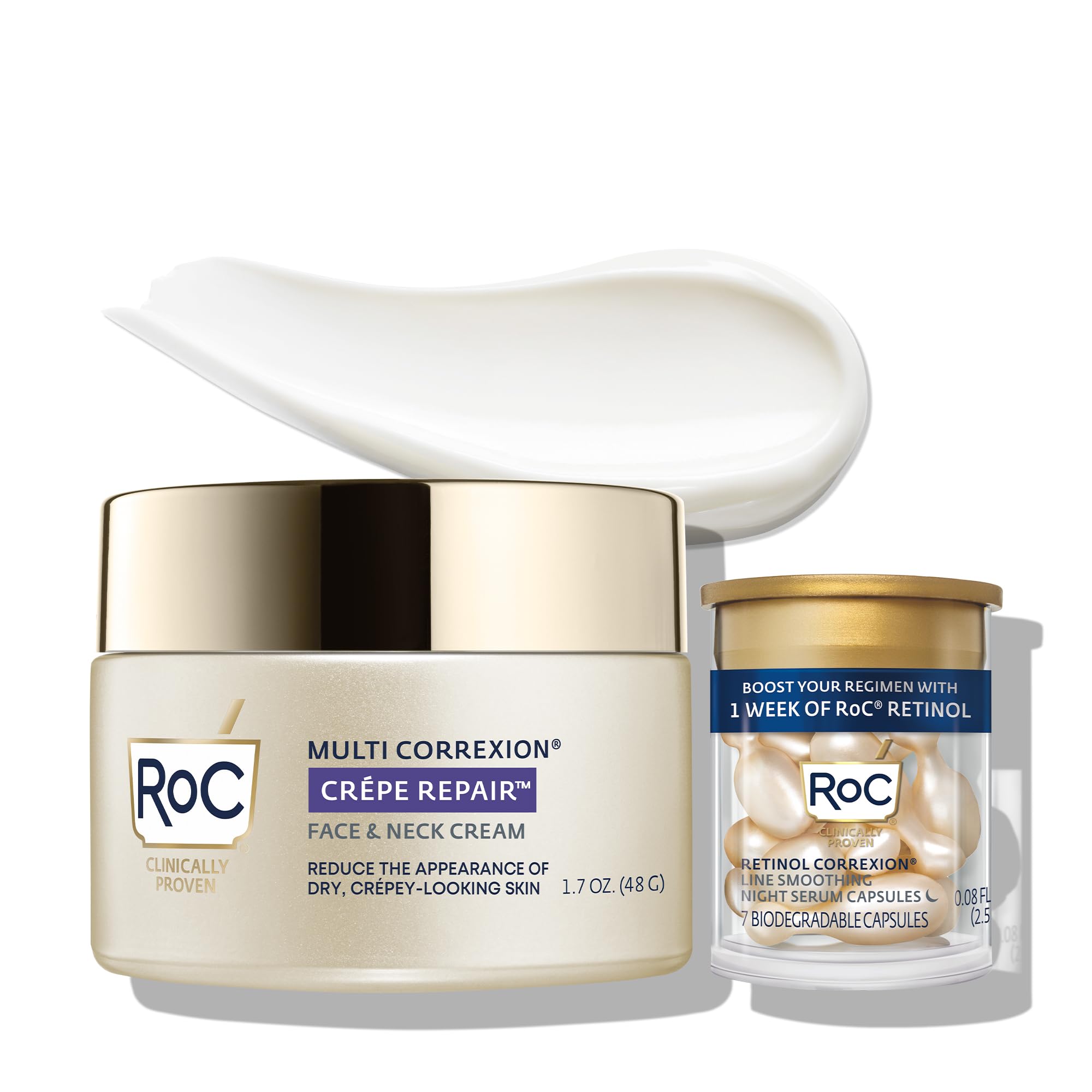 RoC Crepe Repair face neck cream smooths texture with rich hydration.