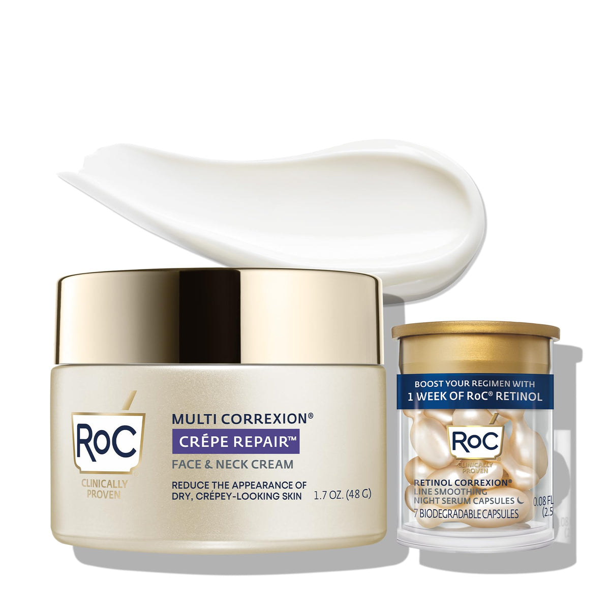 RoC Crepe Repair face neck cream smooths texture with rich hydration.